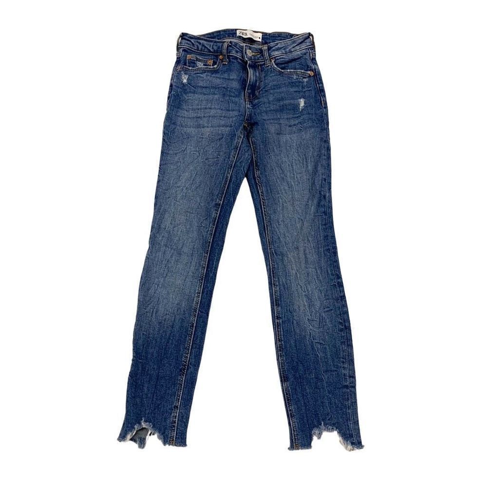 Zara Jeans US 2 24 Denim Blue Slim Leg Distressed Raw Hem Mid Rise The Skinny